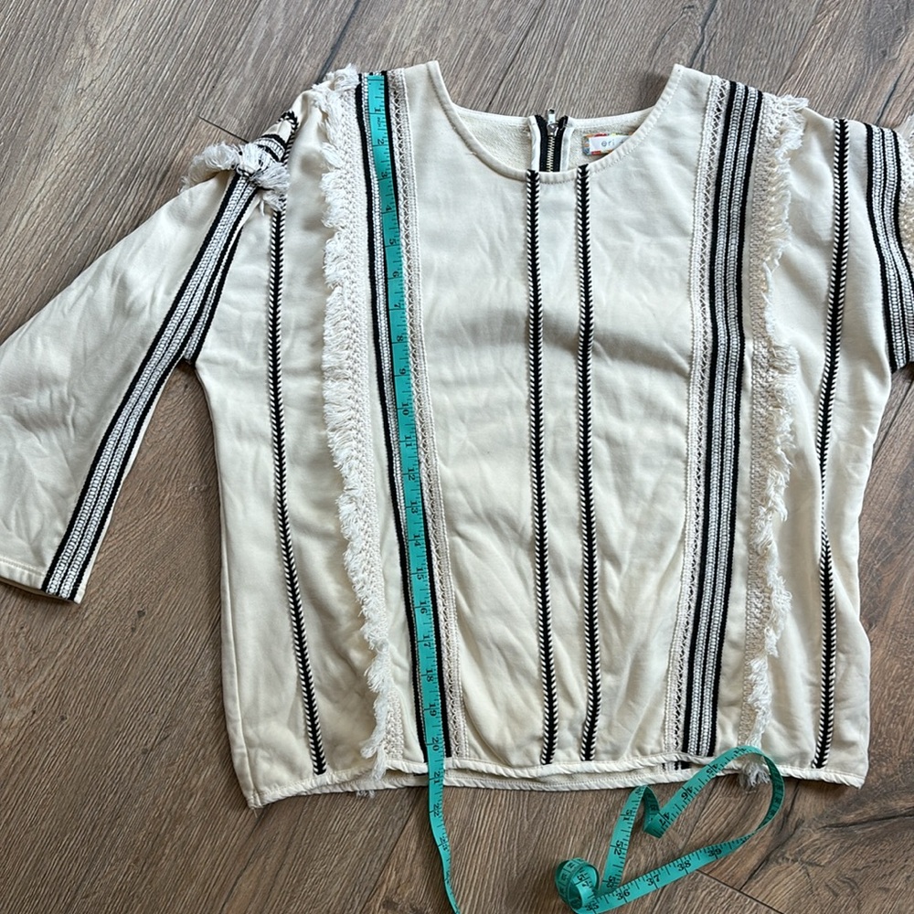 Anthropologie Eri & Ali Top Fringe Trim Black Cream Blouse Women Size Medium - Picture 12 of 12